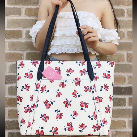 Kate Spade Cara Tea Garden Toss Large Top Zip Tote White Pink Floral Blue Multi - Picture 3 of 3